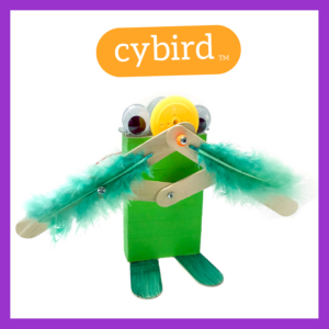 There is a green robot made from wood and popsicle sticks deocrated with green feathers, giant googly eyes, and green foam.