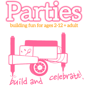 White bubble letters with pink outline spell "Parties". A subheadline in orange reads "building fun for ages 2-12 + adult". A pink outline illustration of the Art-o-matron robot is at the bottom. It has written “build and celebrate” in pink marker underneath.