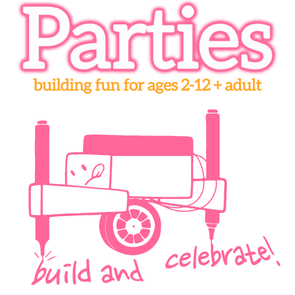 White bubble letters with pink outline spell "Parties". A subheadline in orange reads "building fun for ages 2-12 + adult". A pink outline illustration of the Art-o-matron robot is at the bottom. It has written “build and celebrate” in pink marker underneath.