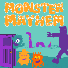 Colorful illustration of different monsters smiling and the words "Monster Mayhem" at the top