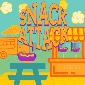 Colorful illustration of a park scene with a picnic table, food truck, food stand, and hot dogs. The words "Snack Attack" appear at the top.