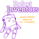 White bubble letters at the top, outlined in purple "Robot Inventors". Orange subheadline: "weekly STEAM classes for 3rd - 5th graders". A purple outline illustration of the BitsyBot robot is on the left.