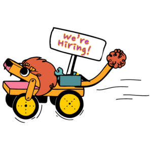 Illustration of a lion-like robot with a sign that reads "We're hiring!"