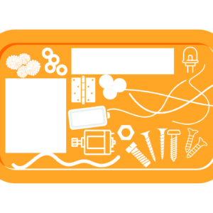 An illustration of an orange tray with various materials and parts in white silhouette on it. Materials include screws, a motor, beads, a hinge, an LED, a nut, wires, and more.