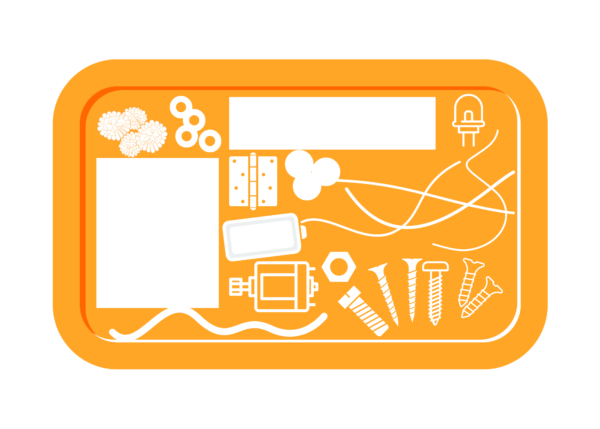 An illustration of an orange tray with various materials and parts in white silhouette on it. Materials include screws, a motor, beads, a hinge, an LED, a nut, wires, and more.