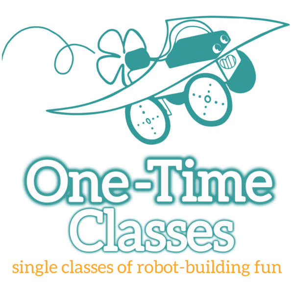 One Time Classes graphic: White bubble letters toward the bottom, outlined in dark teal, spell "One Time Classes". There is an orange subheader beneath: "single classes for 6-10 year olds". A dark teal outline illustration of the Proppy Jalopy robot is on the top, as if flying off.