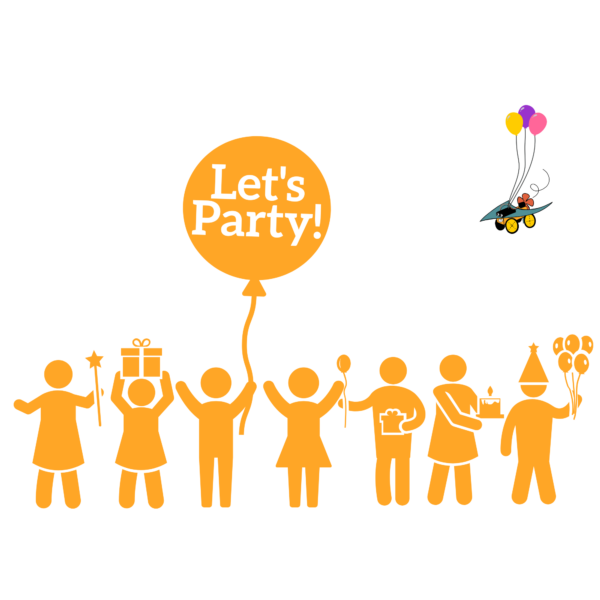 Simple silhouette illustration orange on a white background of children with party accessories - presents, balloons, cake. A very large orange balloon has white letters "Let's Party". Small illustration of Proppy Jalopy robot with balloons flies in upper right corner.