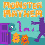Colorful illustration of different monsters smiling and the words "Monster Mayhem" at the top