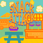 Colorful illustration of a park scene with a picnic table, food truck, food stand, and hot dogs. The words "Snack Attack" appear at the top.