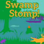 Flat silhouette-style illustration of a swamp with frogs, an alligator, and a fan boat. The words "Swamp Stomp!" are at the top. 