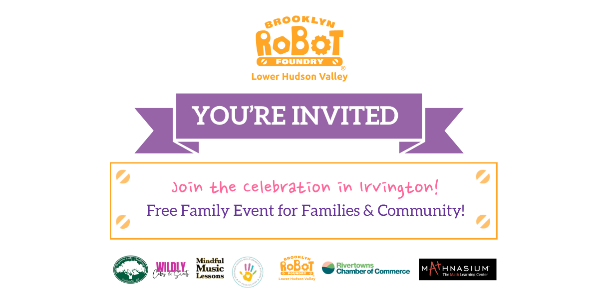 Brooklyn Robot Foundry summer camp opening celebration flyer featuring family-friendly activities, community partner logos, robotics, arts & crafts, music, and hands-on activities for children and families in Irvington
