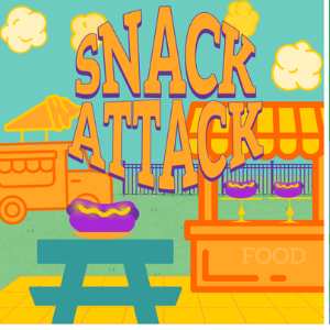 A square graphic depicting a snack stand and picnic table with the words "Snack Attack" in yellow.