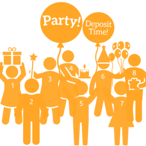 Simple silhouette illustration of 8 numbered stick figures with balloons and presents. Text in one balloon reads: Party! Text in another balloon reads: Deposit Time!