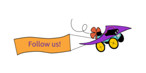 A proppy Jalopy robot pulling an orange banner with purple lettering that says "follow us"