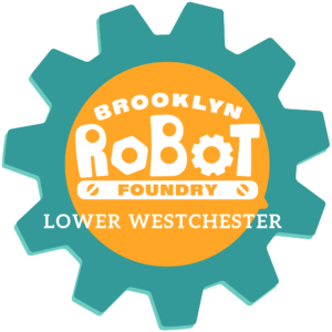 A teal and tangerine gear icon with the white lettering Brooklyn Robot Foundry Lower Westchester