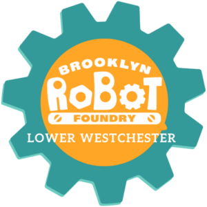 A teal and tangerine gear icon with the white lettering Brooklyn Robot Foundry Lower Westchester