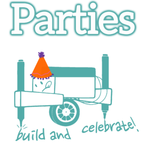 GRAPHIC THAT SAYS PARTIES BUILD AND CELEBRATE. A robot writing and wearing a party hat.