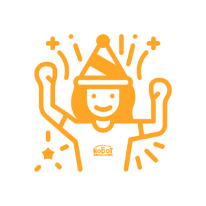 Orange line illustration (on white) of a person smiling, with arms raised in the air. Person is wearing a party hat. There are lines and stars of celebration behind the person.