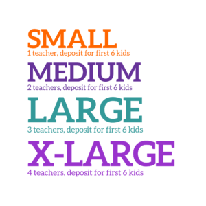 Text reads: Small: 1 teacher, deposit for first 6 kids; Medium: 2 teachers, deposit for first 6 kids; Large: 3 teachers, deposit for first 6 kids; X-Large: 4 teachers, deposit for first 6 kids