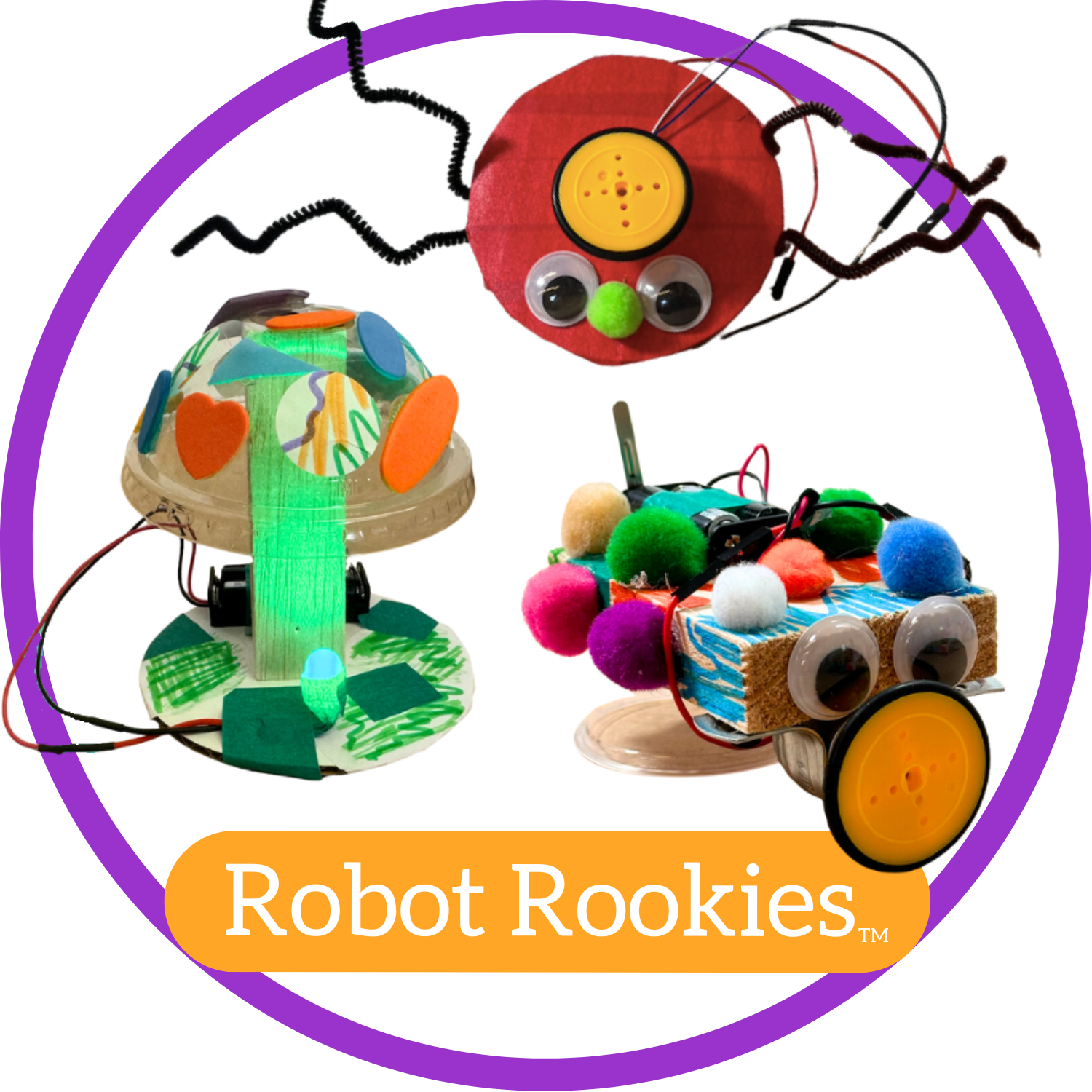 A circle containing images of three robots with pom poms, googly eyes, pipe cleaners and other colorful decorations. An orange bubble under the images of robots reads 