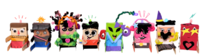 8 small robots lined up, each decorated in as a different fun character