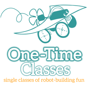 One Time Classes graphic: White bubble letters toward the bottom, outlined in dark teal, spell "One Time Classes". There is an orange subheader beneath: "single classes for 6-10 year olds". A dark teal outline illustration of the Proppy Jalopy robot is on the top, as if flying off.