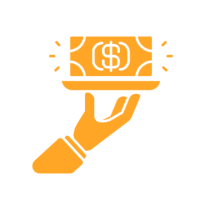 Orange silhouette illustration on a white background of a hand holding up a tray with a dollar bill icon standing on it