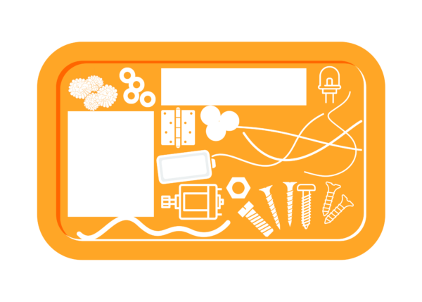 Illustration of an orange tray with white silhouettes of various materials and components used to build a Foundry robot.