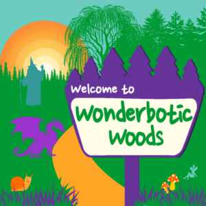 A colorful illustration of a wooded area with a giant sunset and a path. Along the path are silhouettes of a dragon, wizard, and snail. A park sign reads "Wonderbotic Woods"