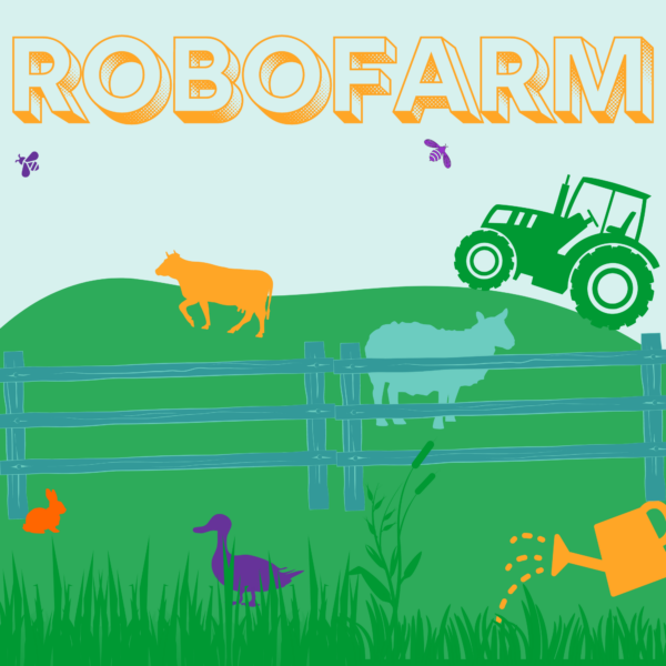 Bucolic image with cows and ducks advertising a farm-themed robotics camp