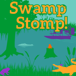 Flat silhouette-style illustration of a swamp with frogs, an alligator, and a fan boat. The words "Swamp Stomp!" are at the top.