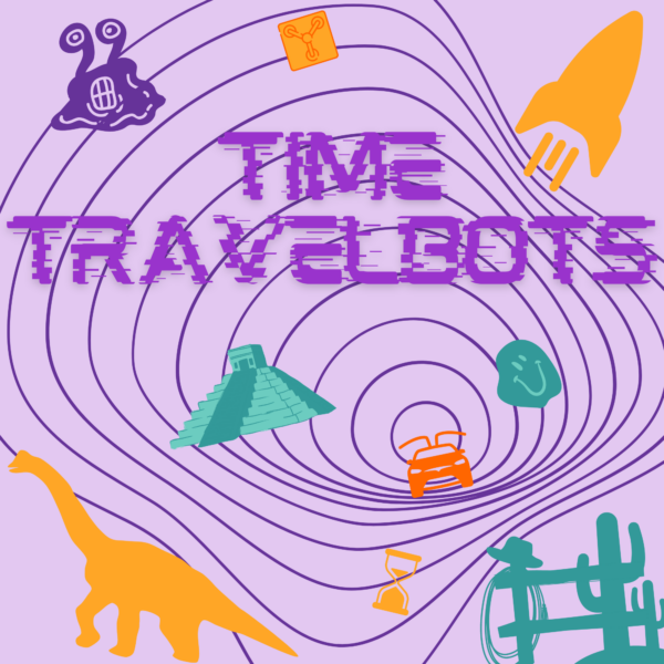 Time travel is the theme. The ad shows rocket ships and dinosaurs.