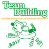 Team Building icon: Green outline letters say "Team Building" underneath is a subtitle in orange letters "building stronger connections and silly robots". There is a green illustrated robot dog underneath.