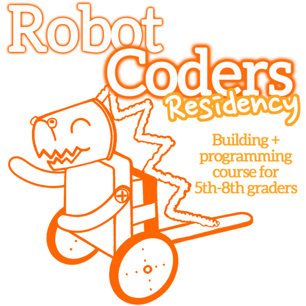 White bubble letters outlined in orange “Robot Coders”. The word Residency is under in handwritten font with orange outline. Orange subheadline: Building + programming course for 5th - 8th graders” An orange outline illustration of a dinosaur-like robot is underneath.