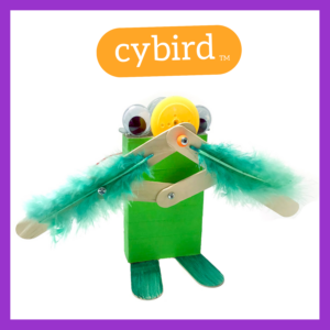  Photograph of a Cybird robot with a purple frame around it and the word "cybird tm" in white lettering in an orange bubble