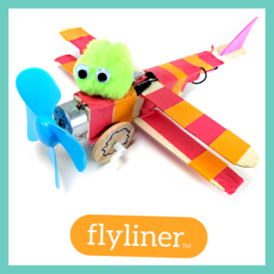  Photograph of a Flyliner robot in a teal square frame, with the word "flyliner tm" in white in an orange bubble.