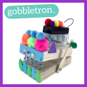  Photograph of a Gobbletron robot with a purple frame around it and the word "gobbletron" in white lettering in a teal bubble