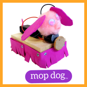  Photograph of a MopDog robot with an orange frame around it and the words "mop dog tm" in white lettering in a purple bubble