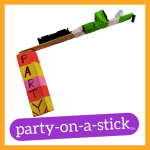 Image of a Party-on-a-Stick robot, framed by an orange square, with the name of the robot in a purple bubble. 