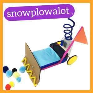 Image of a Snowplowalot robot, framed by an orange square, with the name of the robot in a purple bubble.