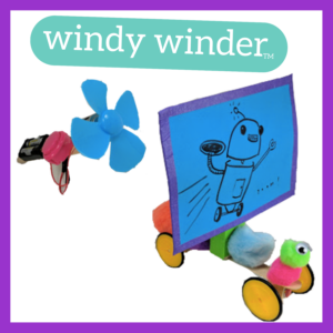 Photograph of a Windy Winder robot with a purple frame around it and the words "windy winder tm" in white lettering in a teal bubble 