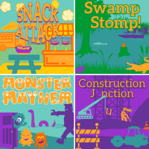 4 of the illustrated graphics for Brooklyn Robot Foundry's Summer Circuits themes for 2026. They are Monster Mayhem, Snack Attack, Swamp Stomp. and Construction Junction