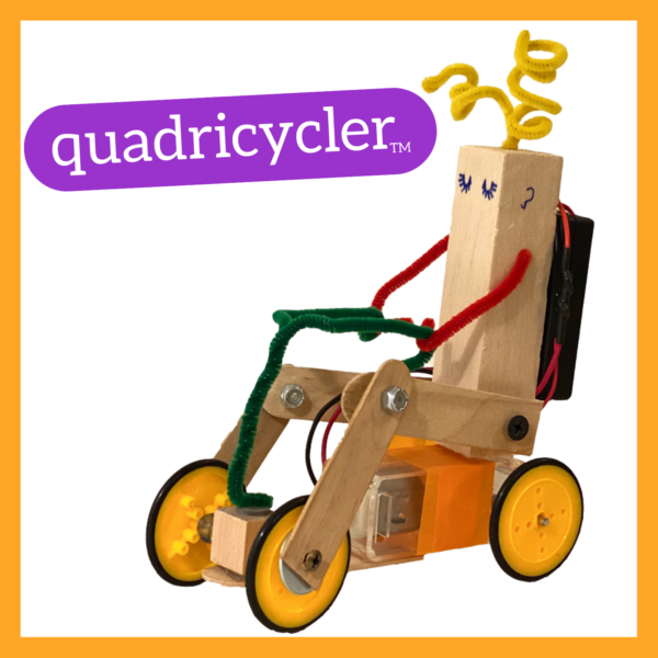 Framed graphic featuring Quadricycler robot. Orange square frame. "quadricycler TM" in white in purple pill-shape. Robot is resembles passenger on a 4-wheel cycle. Made primarily of balsa wood, popsicle sticks, pipecleaners, wheels, screws, gearbox, and battery pack.