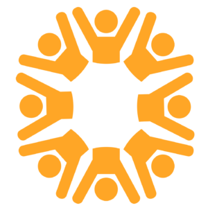 Orange teambuilding illustrated icon on white. Features a circle out of 8 stick-figure type people, shown from the waist up, with their arms all raised in the air.