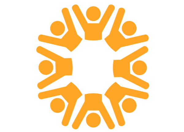 Orange teambuilding illustrated icon on white. Features a circle out of 8 stick-figure type people, shown from the waist up, with their arms all raised in the air.