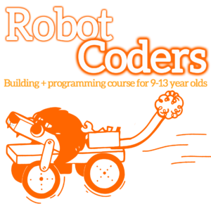 Robot Coders graphic. White bubble letters at the top, outlined in dark orange "Robot Coders". Lighter orange subheadline: "Build + programming course for 9-13 year olds". A dark orange outline illustration of the Baby Bambino robot is on the bottom.