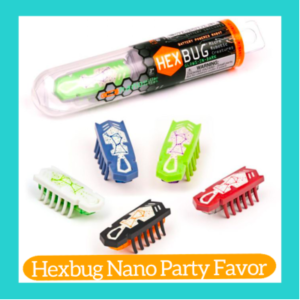 Photograph of 5 various color Hexbug Nano toys. In the back is a picture of the toy in its packaging. On the bottom is an orange pill shaped bar with white lettering "Hexbug Nano Party Favor". A turquoise square outline frames all of it.
