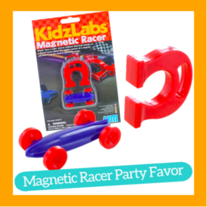 Photograph of Magnetic Racer from Kidz Labs. On the left is a picture of the toy in its packaging. On the bottom is a turquoise pill shaped bar with white lettering "Magnetic Racer Party Favor". An orange square outline frames all of it.