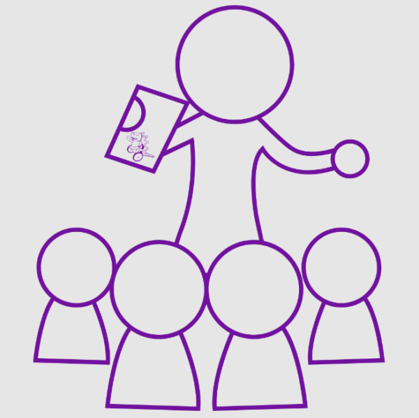 Purple illustrated line drawing of a teacher and 4 students. Bodies are made of simple shapes, no details. Teacher is holding a paper up.