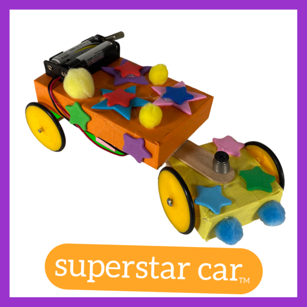 Framed graphic featuring Superstar Car robot.Purple square frame. "superstar car TM" in white in orange pill-shape. Robot is made of balsa wood, tape, wheelse, battery pack, motor, screes, spring, and wires. Decorated with star foam stickers and pom poms.